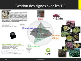 39HDR 25 octobre 2013
Gestion des signes avec les TIC
Information
Connaissance Communication
Signe
Sens
Sujet
Forme
Contenu Donnée
(Objet)
 