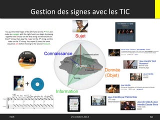 HDR 25 octobre 2013 50
Information
You put the little finger of the left hand on the 7th fret and
make an arpeggio with the right hand, you begin by playing
together the annular on the first string and the thumb on
the 6th string, then play the major on the 2nd string and the
index on the 3rd string. You repeat 3 times the same
sequence ami before moving to the second measure.
Communication
Signe
Sujet
Gestion des signes avec les TIC
Forme
Contenu Donnée
(Objet)
Connaissance
Sens
 