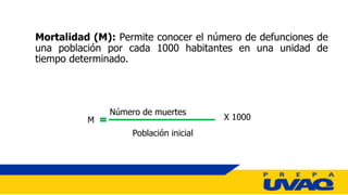 Mortalidad (M): Permite conocer el número de defunciones de
una población por cada 1000 habitantes en una unidad de
tiempo determinado.
M
Número de muertes
Población inicial
X 1000
 