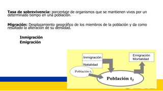 Tasa de sobrevivencia: porcentaje de organismos que se mantienen vivos por un
determinado tiempo en una población.
Migración: Desplazamiento geográfico de los miembros de la población y da como
resultado la alteración de su densidad.
Inmigración
Emigración
 