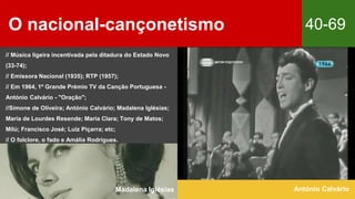 O nacional-cançonetismo 40-69
António Calvário
// Música ligeira incentivada pela ditadura do Estado Novo
(33-74);
// Emissora Nacional (1935); RTP (1957);
// Em 1964, 1º Grande Prémio TV da Canção Portuguesa -
António Calvário - "Oração";
//Simone de Oliveira; António Calvário; Madalena Iglésias;
Maria de Lourdes Resende; Maria Clara; Tony de Matos;
Milú; Francisco José; Luiz Piçarra; etc;
// O folclore, o fado e Amália Rodrigues.
Madalena Iglésias
 