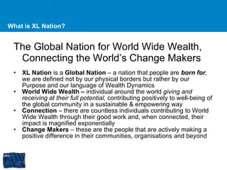 What is XL Nation? The Global Nation for World Wide Wealth, Connecting the World’s Change Makers XL Nation  is a  Global Nation  – a nation that people are  born for ,  we are defined not by our physical borders but rather by our Purpose and our language of Wealth Dynamics World Wide Wealth –  individual around the world  giving and receiving   at their full potential,  contributing   positively to well-being of the global community in a sustainable & empowering way Connection  – there are countless individuals contributing to World Wide Wealth through their good work and, when connected, their impact is magnified exponentially Change Makers  – these are the people that are actively making a positive difference in their communities, organisations and beyond 