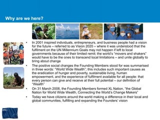 Why are we here?  In 2001 inspired individuals, entrepreneurs, and business people had a vision for the future – referred to as Vision 2020 – where it was understood that the fulfilment on the UN Millennium Goals may not happen if left to local governments because of their limited remit; the world’s “movers and shakers” would have to be the ones to transcend local limitations – and unite globally to bring about change The positive social changes the Founding Members stood for was summarised in three words: “World Wide Wealth”; this includes such important causes as the eradication of hunger and poverty, sustainable living, human empowerment, and the experience of fulfilment available for all people: that every person can give and receive at their full potential – our definition of “Wealth” On 31 March 2008, the Founding Members formed XL Nation, “the Global Nation for World Wide Wealth, Connecting the World’s Change Makers” Today we have citizens around the world making a difference in their local and global communities, fulfilling and expanding the Founders’ vision 