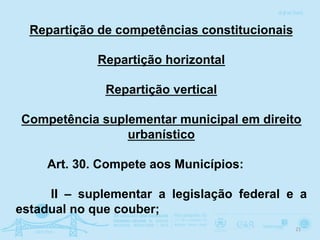 Competência legislativa municipal de Direito Urbanístico
Art. 24. Compete à União, aos Estados e ao Distrito
Federal legis...