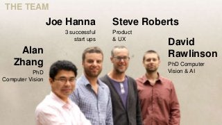Joe Hanna
3 successful
start ups
David
Rawlinson
PhD Computer
Vision & AI
Steve Roberts
Product
& UX
Alan
Zhang
PhD
Computer Vision
THE TEAM
 