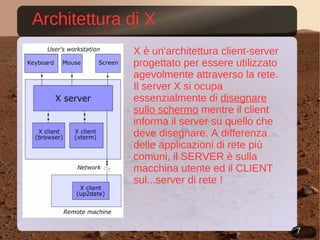 Architettura di X X è un'architettura client-server progettato per essere utilizzato agevolmente attraverso la rete. Il server X si ocupa essenzialmente di  disegnare sullo schermo  mentre il client informa il server su quello che deve disegnare. A differenza delle applicazioni di rete più comuni, il SERVER è sulla macchina utente ed il CLIENT sul...server di rete ! 
