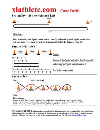 xlathlete.com– Cone Drills
Pro Agility – 2x’s to right and Left
Shuttle Drill – 3x’s
Snake – 3x’s
© Copyright 2004 All materials contained in this pamphlet are protected by copyright laws,
and may not be reproduced, republished, distributed, transmitted or otherwise exploited in any
manner without the express prior written permission from Cal Dietz. www.xlathlete.com
 