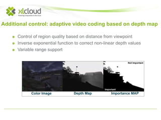 Additional control: adaptive video coding based on depth map 
Control of region quality based on distance from viewpoint 
Inverse exponential function to correct non-linear depth values 
Variable range support 
 
