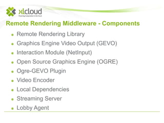 Remote Rendering Middleware - Components 
Remote Rendering Library 
Graphics Engine Video Output (GEVO) 
Interaction Module (NetInput) 
Open Source Graphics Engine (OGRE) 
Ogre-GEVO Plugin 
Video Encoder 
Local Dependencies 
Streaming Server 
Lobby Agent 
 