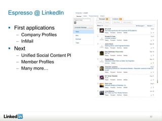 Espresso @ LinkedIn

 First applications
   – Company Profiles
   – InMail
 Next
   – Unified Social Content Platform
   – Member Profiles
   – Many more…




                                       30
 