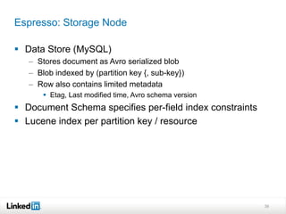 Espresso: Storage Node

 Data Store (MySQL)
   – Stores document as Avro serialized blob
   – Blob indexed by (partition key {, sub-key})
   – Row also contains limited metadata
        Etag, Last modified time, Avro schema version
 Document Schema specifies per-field index constraints
 Lucene index per partition key / resource




                                                          39
 