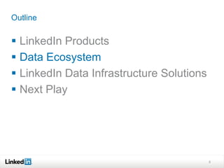 Outline


 LinkedIn Products
 Data Ecosystem
 LinkedIn Data Infrastructure Solutions
 Next Play




                                           8
 