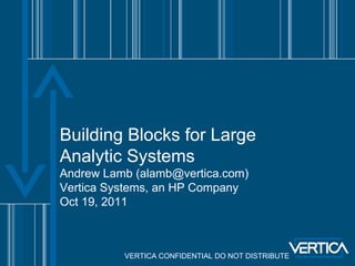 Building Blocks for Large
Analytic Systems
Andrew Lamb (alamb@vertica.com)
Vertica Systems, an HP Company
Oct 19, 2011



          VERTICA CONFIDENTIAL DO NOT DISTRIBUTE
 