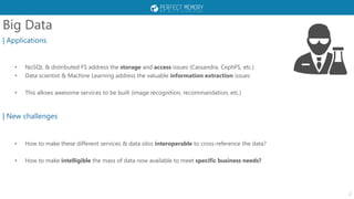 Big Data
| Applications
• NoSQL & distributed FS address the storage and access issues (Cassandra, CephFS, etc.)
• Data scientist & Machine Learning address the valuable information extraction issues
• This allows awesome services to be built (image recognition, recommandation, etc.)
• How to make these different services & data silos interoperable to cross-reference the data?
• How to make intelligible the mass of data now available to meet specific business needs?
2
| New challenges