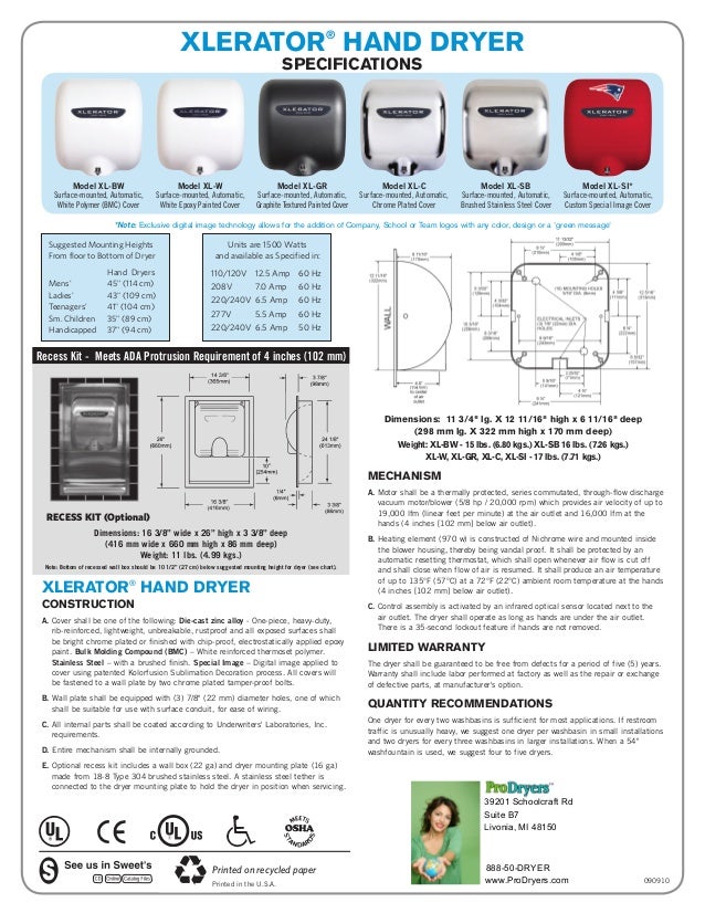 xlerator hand dryer spec and sell sheet xlerator xl sb technical data sheet