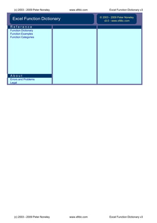 (c) 2003 - 2009 Peter Noneley   www.xlfdic.com          Excel Function Dictionary v3

                                                    © 2003 - 2009 Peter Noneley
 Excel Function Dictionary                             v3.0 - www.xlfdic.com

Reference
Function Dictionary
Function Examples
Function Categories




About
Errors and Problems
Legal




   (c) 2003 - 2009 Peter Noneley   www.xlfdic.com          Excel Function Dictionary v3
 