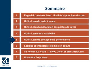 ©XL Groupe 2015 - www.xl-groupe.com
Rappel du contexte Lean : finalités et principes d‘action1
Outils Lean d‘amélioration des postes de travail3
Outils Lean sur la variabilité4
Outils Lean de pilotage de la performance5
Logique et chronologie de mise en oeuvre6
Outils Lean du juste à temps2
Se former aux outils : Yellow, Green et Black Belt Lean7
Questions / réponses8
Sommaire
 