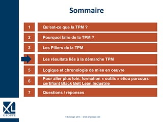 Qu‘est-ce que la TPM ?1
Les Piliers de la TPM3
Les résultats liés à la démarche TPM4
Logique et chronologie de mise en oeuvre5
6
Sommaire
Pourquoi faire de la TPM ?2
Questions / réponses7
Pour aller plus loin, formation « outils » et/ou parcours
certifiant Black Belt Lean Industrie
 