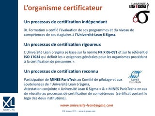 Un processus de certification indépendant
XL Formation a confié l’évaluation de ses programmes et du niveau de
compétences de ses stagiaires à l’Université Lean 6 Sigma.
Un processus de certification rigoureux
L’Université Lean 6 Sigma se base sur la norme NF X 06-091 et sur le référentiel
ISO 17024 qui définit les « exigences générales pour les organismes procédant
à la certification de personnes ».
Un processus de certification reconnu
Participation de MINES ParisTech au Comité de pilotage et aux
soutenances de l’Université Lean 6 Sigma,
Attestation conjointe « Université Lean 6 Sigma » & « MINES ParisTech» en cas
de réussite au processus de certification de compétences (certificat portant le
logo des deux institutions).
www.universite-lean6sigma.com
L’organisme certificateur
 