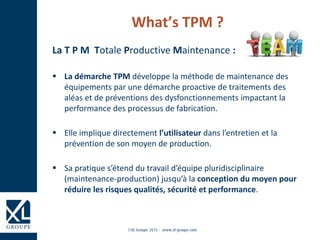 La T P M Totale Productive Maintenance :
 La démarche TPM développe la méthode de maintenance des
équipements par une démarche proactive de traitements des
aléas et de préventions des dysfonctionnements impactant la
performance des processus de fabrication.
 Elle implique directement l’utilisateur dans l’entretien et la
prévention de son moyen de production.
 Sa pratique s’étend du travail d’équipe pluridisciplinaire
(maintenance-production) jusqu’à la conception du moyen pour
réduire les risques qualités, sécurité et performance.
What’s TPM ?
 