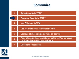 Qu‘est-ce que la TPM ?1
Les Piliers de la TPM3
Les résultats liés à la démarche TPM4
Logique et chronologie de mise en oeuvre5
6
Sommaire
Pourquoi faire de la TPM ?2
Questions / réponses7
Pour aller plus loin, formation « outils » et/ou parcours
certifiant Black Belt Lean Industrie
 
