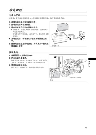 准备电源
准备工作




为电池充电
充电前，断开直流电连接器与小型电源转接器的连接。 取下电池的端子盖。

1. 连接电源线至小型电源转接器。
2. 把电源线插入电源插座。
3. 将电池安装在小型电源转接器上。
       • 轻轻按下，沿箭头所指方向滑动电池，直到咔嗒一
         声安装到位为止。
       • 充电指示灯开始闪烁。 充电完毕时，指示灯将会持
         续发亮。
4. 充电完成后，将电池从小型电源转接器上取
   下。
5. 拔掉电源插座上的电源线，并将其从小型电源
   转接器上取下。                              充电指示灯



安装电池
1. 将   转盘转动至 OFF。
2. 把电池装入摄像机。




                                PY
                              O
       根据指导装入电池，并轻轻按下电池。 沿箭头所指




                                                                      准备工作
       方向向上滑动电池，直到咔哒一声安装到位为止。
3. 使用后请取出电池。




                    C
       按下 BATT. RELEASE 钮，向下滑动并取出电池。




                                                BATT.RELEASE 钮
                                       指南




                                                                 15
 