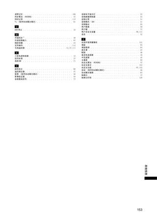 调零记忆 . . . . . . . .                .   .   .   .   .   .   .   .   .   .   .   .   .   .   .   .   . 109    音频电平指示灯        .   .   .   .   .   .   .   .   .   .   .   .   .   .   .   .   .   .   .   .   . . 53
同步累加 （时间码） . . .                    .   .   .   .   .   .   .   .   .   .   .   .   .   .   .   .   . 47     音频峰值限制器        .   .   .   .   .   .   .   .   .   .   .   .   .   .   .   .   .   .   .   .   . . 53
同时记录 . . . . . . . .                .   .   .   .   .   .   .   .   .   .   .   .   .   .   .   .   . 115    音频记录 . . .     .   .   .   .   .   .   .   .   .   .   .   .   .   .   .   .   .   .   .   .   . . 51
Tv （程序自动曝光模式） .                     .   .   .   .   .   .   .   .   .   .   .   .   .   .   .   .   . 61     音频模式 （SD）      .   .   .   .   .   .   .   .   .   .   .   .   .   .   .   .   .   .   .   .   . . 51
                                                                                                             音频输出 . . .     .   .   .   .   .   .   .   .   .   .   .   .   .   .   .   .   .   .   .   .   . . 84
 V                                                                                                           用户数据 . . .     .   .   .   .   .   .   .   .   .   .   .   .   .   .   .   .   .   .   .   .   . . 50
VCR 停止 . . . . . . . . . . . . . . . . . . . . . . . . . 34                                                  用户键 . . . .    .   .   .   .   .   .   .   .   .   .   .   .   .   .   .   .   .   .   .   .   . . 73
                                                                                                             用户自定义设置        .   .   .   .   .   .   .   .   .   .   .   .   .   .   .   .   .   .   .   .   90, 131
W                                                                                                            语言 . . . . .   .   .   .   .   .   .   .   .   .   .   .   .   .   .   .   .   .   .   .   .   . . 32
外部同步 * .    .   .   .   .   .   .   .   .   .   .   .   .   .   .   .   .   .   .   .   . . . . 48
外部视频输入      .   .   .   .   .   .   .   .   .   .   .   .   .   .   .   .   .   .   .   . . . . 87            Z
微距拍摄 . .    .   .   .   .   .   .   .   .   .   .   .   .   .   .   .   .   .   .   .   . . . . 44           在国外使用摄像机 . . . .                   .   .   .   .   .   .   .   .   .   .   .   .   .   .   .   . 141
文件编号 . .    .   .   .   .   .   .   .   .   .   .   .   .   .   .   .   .   .   .   .   . . . . 113          增益 . . . . . . . . . .             .   .   .   .   .   .   .   .   .   .   .   .   .   .   .   . . 64
无线遥控器 .     .   .   .   .   .   .   .   .   .   .   .   .   .   .   .   .   .   .   .   . 14, 27, 111        增益微调 . . . . . . . .               .   .   .   .   .   .   .   .   .   .   .   .   .   .   .   . . 64
                                                                                                             遮光罩 . . . . . . . . .              .   .   .   .   .   .   .   .   .   .   .   .   .   .   .   . . 25
 X                                                                                                           帧频 . . . . . . . . . .             .   .   .   .   .   .   .   .   .   .   .   .   .   .   .   . . 46
小型电源转接器 . . . . . . . . . . . . . . . . . . . . . . 15                                                       直流电连接器 . . . . . .                 .   .   .   .   .   .   .   .   .   .   .   .   .   .   .   . . 16
信号标准 . . . . . . . . . . . . . . . . . . . . . . . . . 37                                                    中灰滤镜 . . . . . . . .               .   .   .   .   .   .   .   .   .   .   .   .   .   .   .   . . 45
选择 NR . . . . . . . . . . . . . . . . . . . . . . . . . 71                                                   主基座 . . . . . . . . .              .   .   .   .   .   .   .   .   .   .   .   .   .   .   .   . . 94
                                                                                                             自定义累加 （时间码） . .                    .   .   .   .   .   .   .   .   .   .   .   .   .   .   .   . . 47
                                                                                                             自定义显示 . . . . . . .                .   .   .   .   .   .   .   .   .   .   .   .   .   .   .   . 133
 Y
                                                                                                             自定义功能 . . . . . . .                .   .   .   .   .   .   .   .   .   .   .   .   .   .   .   97, 132
颜色校正 . . . . . . . . .                  .   .   .   .   .   .   .   .   .   .   .   .   .   .   .   .   68
                                                                                                             自动 （程序自动曝光模式）                      .   .   .   .   .   .   .   .   .   .   .   .   .   .   .   . . 56
遥控感应器 . . . . . . . .                   .   .   .   .   .   .   .   .   .   .   .   .   .   .   .   .   27
                                                                                                             自动曝光偏移 . . . . . .                 .   .   .   .   .   .   .   .   .   .   .   .   .   .   .   . . 63
夜景 （程序自动曝光模式） .                         .   .   .   .   .   .   .   .   .   .   .   .   .   .   .   .   56
                                                                                                             纵横比 . . . . . . . . .              .   .   .   .   .   .   .   .   .   .   .   .   .   .   .   . . 37




                                                                                           Y
影像稳定器 . . . . . . . .                   .   .   .   .   .   .   .   .   .   .   .   .   .   .   .   .   55
                                                                                                             纵横比栏线 . . . . . . .                .   .   .   .   .   .   .   .   .   .   .   .   .   .   .   . 128
音频查询信号 . . . . . . .                    .   .   .   .   .   .   .   .   .   .   .   .   .   .   .   .   77




                                                                                        O P
                                                C                                                                                                                                                                     其他信息




                                                                                                                                                                                                            153
 