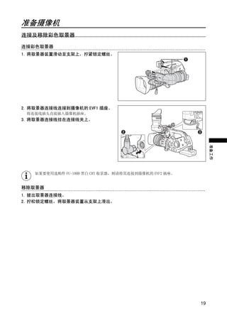 准备摄像机
连接及移除彩色取景器

连接彩色取景器
1. 将取景器装置滑动至支架上，拧紧锁定螺丝。




2. 将取景器连接线连接到摄像机的 EVF1 插座。




                         Y
 将连接线插头直接插入摄像机插座。
3. 将取景器连接线挂在连接线夹上。




                      O P
                                                           准备工作
             C
   如果要使用选购件 FU-1000 黑白 CRT 取景器，则请将其连接到摄像机的 EVF2 插座。


移除取景器
1. 拔出取景器连接线。
2. 拧松锁定螺丝，将取景器装置从支架上滑出。




                                                      19
 