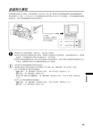 连接到计算机
要将摄像机连接至计算机，      计算机需配有 IEEE1394 (DV) 端子和装有具有视频捕获能力的视频编辑软件。
使用选购件 CV-250F （4 针对 6 针）DV 连接线或市面有售的 6 针对 6 针 DV 连接线。 有关视频编辑的最低
系统要求，请参考视频编辑软件的使用说明书。




                                 CV-250F
                                 DV 连接线 （选购件）        IEEE1394 (DV) 端子
                                 或市面有售的 6 针对
                                 6 针 DV 连接线     4针




                               Y
                                                6针




                              P
        视软件及计算机的规格 / 设置而定，可能无法正常操作。
        如果计算机连接至摄像机时停止操作，请拔除 DV 连接线后再重新连接。 如果问题仍然存在，请拔除
        连接线，关闭摄像机和计算机后再重新启动，并再次连接。




                            O
        确保计算机视频捕获系统与您正使用的视频信号标准相兼容。 如果计算机与摄像机的视频输出信号
        不兼容，则摄像机可能无法正确地被检测或无法正常操作。

        请参考计算机和编辑软件的使用说明书。




                 C
        按照所连接计算机的视频信号标准调整 [ 信号设置 ]          [ 播放规格 ] 和 [DV 转换 ] 设置。
        对于从摄像机到计算机的视频输出：
    -   HDV 输出： 将 [ 播放规格 ] 设置设为 [HDV]，并将 [DV 转换 ] 设置设为 [ 关 ]。
    -    DV 输出： 将 [ 播放规格 ] 设置为 [DV]。
    -   最初以 HDV 标准记录的 DV 输出： 将 [ 播放规格 ] 设置设为 [HDV]，并将 [DV 转换 ] 设置设为




                                                                             外部连接
        [ 开 ]。
        对于从计算机到摄像机的视频输入：
    -   HDV 输入： 将 [ 播放规格 ] 设置设为 [HDV]，并将 [DV 转换 ] 设置设为 [ 关 ]。
    -    DV 输入： 将 [ 播放规格 ] 设置为 [DV]。




                                                                        89
 