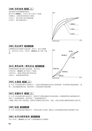[GAM] 灰阶曲线
灰阶曲线可更改图像整体效果。
                                            输出
您可以从 [NORMAL]、[CINE1] 或 [CINE2] 中选择。
[NORMAL]： 标准灰阶设置适用于视频。
[CINE1]： 适合从胶片进行视频传输。
[CINE2]： 适合传输至胶片。

                                                                     [NORMAL]


                                                                     [CINE1]


                                                                     [CINE2]




                                                                                输入
                                            设置的表述




                                 Y
[KNE] 拐点调节
在图像的高亮区域调节动态范围 （拐点）          ，防止过度曝
                                            输出
光。 您可以从 [AUTO]、[HIGH]、[MIDDLE] 或 [LOW] 中选




                                P
                                                                   [HIGH]
择。
                                                        [MIDDLE]
                                                                      [LOW]




[BLK] 黑色延伸 / 黑色压边




                  C
在图像的阴影区域内调节动态范围。 您可以从

[STRETCH]： 强调在黑暗区域中的对比度。
[PRESS]： 加强或加深黑暗度。



[PED] 主基座
                              O
[STRETCH]、[MIDDLE] 或 [PRESS] 中选择。
                                            [STRETCH]




                                            设置的表述
                                                        [MIDDLE]

                                                    [PRESS]
                                                                                输入



在 -9 至 +9 的范围内调节主基座电平。主基座可降低或提高亮度信号的基准线，仅对阴影区域造成影响。 设
置 [-] 值以减弱阴影区域，或者设置 [+] 值使阴影区域更清晰。



[SET] 设置电平
在 -9 至 +9 的范围内调节设置电平。设置电平可降低或提高全部灰阶曲线，控制图像黑色区域的最暗电平。
设置 [-] 值使图像更暗，或者设置 [+] 值使图像更明亮。
• 根据主基座 [PED] 的设置值，设置电平的数值不能为负值。 因此，在特定范围内调整设置值将不起作用。



[SHP] 锐度
在 -9 至 +9 的范围内调节锐度电平。可使用去除中心设置，降低由于过高的锐度设置所引起的噪声失真。



[HDF] 水平分辨率频率
可从 [HIGH]、[MIDDLE] 或 [LOW] 中选择图像的水平清晰度。

94
 