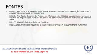 FONTES 
• BRUNO, ANA PAULA e BARROS, ANA MARIA FURBINO BRETAS. REGULARIZAÇÃO FUNDIÁRIA – 
CONCEITOS PRINCIPIOS E INSTRUMENTOS, 
• BRUNO, Ana Paula, Gerente de Projetos do Ministério das Cidades, Apresentação “Avanços e 
desafios da Regularização Fundiária no Brasil” no 61º Fórum Nacional de Habitação de Interesse 
Social 
• KOLLET, RICARDO. Palestra : Reforma Fundiária. 
• DOS SANTOS, FRANCISCO REZENDE. O REGISTRO DE IMOVEIS E A REGULARIZAÇÃO FUNDIÁRIA 
 