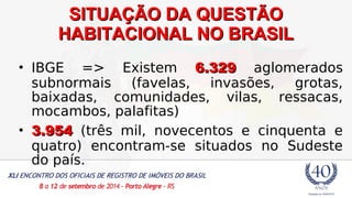 SSIITTUUAAÇÇÃÃOO DDAA QQUUEESSTTÃÃOO 
HHAABBIITTAACCIIOONNAALL NNOO BBRRAASSIILL 
• IBGE => Existem 66..332299 aglomerados 
subnormais (favelas, invasões, grotas, 
baixadas, comunidades, vilas, ressacas, 
mocambos, palafitas) 
• 33..995544 (três mil, novecentos e cinquenta e 
quatro) encontram-se situados no Sudeste 
do país. 
 