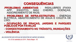 CCOONNSSEEQQUUÊÊNNCCIIAASS 
-PPRROOBBLLEEMMAASS AAMMBBIIEENNTTAAIISS : INSALUBRES (FAIXA 
APP, ESGOTO), MAU CHEIRO, DOENÇAS, 
ASSOREAMENTO DE RIOS; 
- PPRROOBBLLEEMMAASS DDEE IINNFFRRAA--EESSTTRRUUTTUURRAA : ENERGIA 
ELÉTRICA, ABASTECIMENTO DE ÁGUA E COLETA DE 
LIXO; 
- OOCCUUPPAAÇÇÃÃOO DDEE PPRRAAÇÇAASS,, JJAARRDDIINNSS EE PPAARRQQUUEESS 
PPÚÚBBLLIICCOOSS PPOORR FFAAVVEELLAASS 
- CCOONNGGEESSTTIIOONNAAMMEENNTTOO NNOO TTRRÂÂNNSSIITTOO,, IINNUUNNDDAAÇÇÕÕEESS 
-- VVIIOOLLÊÊNNCCIIAA 
 