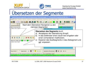 Heartsome Europe GmbH
                                                                       www.heartsome.de


Übersetzen der Segmente

             Nach dem Übersetzen Navigieren zu den
                     nächsten Segmenten

                           Übersetzen des Segments durch
                           a) Akzeptieren der Übersetzung (Knopf)
                           b) In das Zielfenster einen neuen text eingeben oder
                              einen vorhandenen modifizieren.
                           c) Kopieren des Quellsegments in das Zielsegment und
                              ggf. anpassen.




30.07.2009                (c) 2006, 2007, 2008 Heartsome Europe GmbH                           37
 