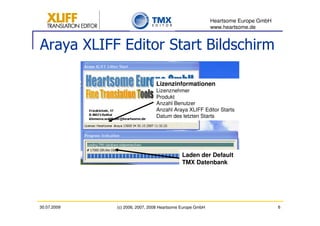 Heartsome Europe GmbH
                                                          www.heartsome.de


Araya XLIFF Editor Start Bildschirm

                               Lizenzinformationen
                               Lizenznehmer
                               Produkt
                               Anzahl Benutzer
                               Anzahl Araya XLIFF Editor Starts
                               Datum des letzten Starts




                                            Laden der Default
                                            TMX Datenbank




30.07.2009   (c) 2006, 2007, 2008 Heartsome Europe GmbH                           6
 