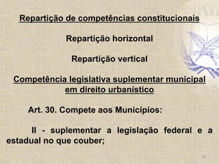 Repartição de competências constitucionais
Repartição horizontal
Repartição vertical
Competência legislativa suplementar municipal
em direito urbanístico
Art. 30. Compete aos Municípios:
II - suplementar a legislação federal e a
estadual no que couber;
22	
  
 