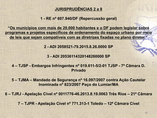 40	
  
JURISPRUDÊNCIAS 2 a 8
1 - RE nº 607.940/DF (Repercussão geral)
“Os municípios com mais de 20.000 habitantes e o DF podem legislar sobre
programas e projetos específicos de ordenamento do espaço urbano por meio
de leis que sejam compatíveis com as diretrizes fixadas no plano diretor.”
2 - ADI 2058521-79.2015.8.26.0000 SP
3 - ADI 20536114320148260000 SP
4 – TJSP - Embargos Infringentes nº 019.611-5/2-01 TJSP - 7ª Câmara D.
Privado
5 – TJMA – Mandado de Segurança nº 16.097/2007 contra Ação Cautelar
Inominada nº 823/2007 Paço do Lumiar/MA
6 – TJRJ - Apelação Cível nº 0011776-46.2013.8.19.0063 Três Rios – 21ª Câmara
7 – TJPR - Apelação Cível nº 771.313-1 Toledo – 12ª Câmara Cível
 