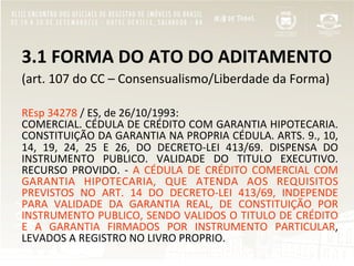 3.1	
  FORMA	
  DO	
  ATO	
  DO	
  ADITAMENTO	
  
(art.	
  107	
  do	
  CC	
  –	
  Consensualismo/Liberdade	
  da	
  Forma)	
  
	
  
REsp	
  34278	
  /	
  ES,	
  de	
  26/10/1993:	
  	
  
COMERCIAL.	
  CÉDULA	
  DE	
  CRÉDITO	
  COM	
  GARANTIA	
  HIPOTECARIA.	
  
CONSTITUIÇÃO	
  DA	
  GARANTIA	
  NA	
  PROPRIA	
  CÉDULA.	
  ARTS.	
  9.,	
  10,	
  
14,	
   19,	
   24,	
   25	
   E	
   26,	
   DO	
   DECRETO-­‐LEI	
   413/69.	
   DISPENSA	
   DO	
  
INSTRUMENTO	
   PUBLICO.	
   VALIDADE	
   DO	
   TITULO	
   EXECUTIVO.	
  
RECURSO	
   PROVIDO.	
   -­‐	
   A	
   CÉDULA	
   DE	
   CRÉDITO	
   COMERCIAL	
   COM	
  
GARANTIA	
   HIPOTECARIA,	
   QUE	
   ATENDA	
   AOS	
   REQUISITOS	
  
PREVISTOS	
   NO	
   ART.	
   14	
   DO	
   DECRETO-­‐LEI	
   413/69,	
   INDEPENDE	
  
PARA	
   VALIDADE	
   DA	
   GARANTIA	
   REAL,	
   DE	
   CONSTITUIÇÃO	
   POR	
  
INSTRUMENTO	
  PUBLICO,	
  SENDO	
  VALIDOS	
  O	
  TITULO	
  DE	
  CRÉDITO	
  
E	
   A	
   GARANTIA	
   FIRMADOS	
   POR	
   INSTRUMENTO	
   PARTICULAR,	
  
LEVADOS	
  A	
  REGISTRO	
  NO	
  LIVRO	
  PROPRIO.	
  	
  
 
