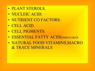 PLANT STEROLS. NUCLEIC ACID. NUTRIENT CO FACTORS. CELL ACID. CELL PIGMENTS. ESSENTIAL FATTY ACID( OMEGA3&6 ). NATURAL FOOD VITAMINS,MACRO & TRACE MINERALS 