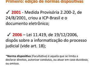 Primeiro:	edição	de	normas	disposiCvas	
	
✓	2001	-	Medida	Provisória	2.200-2,	de	
24/8/2001,	que	criou	a	ICP-Brasil	e	o	do...