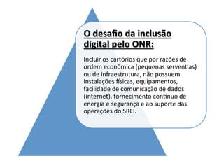 O	desaﬁo	da	inclusão	
digital	pelo	ONR:	
	
Incluir	os	cartórios	que	por	razões	de	
ordem	econômica	(pequenas	servenPas)	
o...