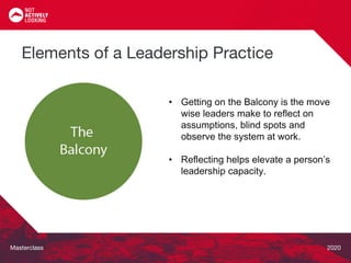Masterclass 2020
• Getting on the Balcony is the move
wise leaders make to reflect on
assumptions, blind spots and
observe the system at work.
• Reflecting helps elevate a person’s
leadership capacity.
Elements of a Leadership Practice
 