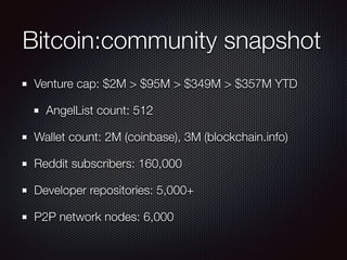 Bitcoin:community snapshot
Venture cap: $2M > $95M > $349M > $357M YTD
AngelList count: 512
Wallet count: 2M (coinbase), 3M (blockchain.info)
Reddit subscribers: 160,000
Developer repositories: 5,000+
P2P network nodes: 6,000
 