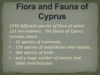 1950 different species of flora of which
153 are endemic. The fauna of Cyprus
includes about
• 32 species of mammals,
• 126 species of amphibians and reptiles,
• 364 species of birds
• and a huge number of insects and
other invertebrates.
Flora and Fauna of
Cyprus
 