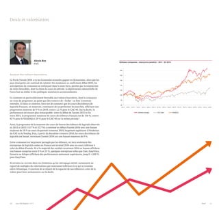 10 Les 100 Digital | 2015 PwC 11
Deals et valorisation
Analyse des valeurs boursières
La fin de l’année 2014 a vu les économies avancées gagner en dynamisme, alors que les
pays émergents ont continué de ralentir. Ces tendances se confirment début 2015, les
anticipations de croissance se renforçant dans la zone Euro, portées par la conjonction
de vents favorables, dont la chute du cours du pétrole, la dépréciation substantielle de
l’euro face au dollar et des politiques monétaires accommodantes.
Ce contexte est particulièrement favorable aux valeurs boursières, dont la croissance
ne cesse de progresser, au point que des rumeurs de « bulles » se font à nouveau
entendre. Et dans ce contexte, force est de constater que les cours des éditeurs de
logiciels Français, en moyenne, continuent de surperformer les marchés, affichant une
progression moyenne de 9 % en 2014, contre 1,1 % pour le CAC 40. Sur la durée, la
performance est encore plus remarquable: entre le début de l’année 2011 et fin
mars 2015, la progression moyenne du cours des éditeurs français est de 118 %, contre
82 % pour le NASDAQ et 29 % pour le CAC 40 sur la même période!
Ainsi, la progression de la moyenne des cours de bourse des éditeurs de logiciels observée
en 2012 et 2013 (+27 % et 37,7 %) a continué en début d’année 2014 avec une hausse
moyenne de 18 % au cours du premier trimestre 2014, largement supérieure à l’évolution
du CAC et du Nasdaq. Puis, à partir du deuxième trimestre 2014, les cours des éditeurs de
logiciels ont baissé, terminant l’année 2014 sur une hausse moyenne de 9 %.
Cette croissance est largement partagée par les éditeurs, un tiers seulement des
entreprises de logiciels cotées en France ont terminé 2014 avec un cours inférieur à
celui du début d’année. Et si la majorité des sociétés terminant 2014 en hausse affichent
une hausse comprise entre 0 % et 25 %, quelques entreprises telles que Cast, EasyVista,
Generix ou Infopro affichent des performances nettement supérieures, jusqu’à +100 %
pour EasyVista.
Si certains ne verront dans ces évolutions qu’un rattrapage mérité, notamment au
regard de multiples de valorisations qui resteraient inférieurs à ce qui se constate
outre-Atlantique, il convient de se réjouir de la capacité de nos éditeurs à créer de la
valeur pour leurs actionnaires sur la durée.
Software companies - share price variation - 2011 - Q1 2015
60
80
100
120
140
160
180
200
Software average CAC Index NASDAQ
03/01/11 03/04/11 03/07/11 03/10/11 03/01/12 03/04/12 03/07/12 03/10/12 03/01/13 03/04/13 03/07/13 03/10/13 03/01/14 03/04/14 03/01/15 03/04/103/07/14 03/10/14
Alexis Rey
PwC
 