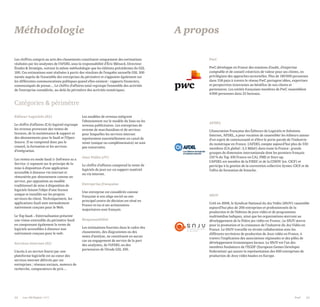 S N J VS N J V
52 Les 100 Digital | 2015 PwC 53
A proposMéthodologie
PwC
PwC développe en France des missions d’audit, d’expertise
comptable et de conseil créatrices de valeur pour ses clients, en
privilégiant des approches sectorielles. Plus de 180000 personnes
dans 158 pays à travers le réseau PwC partagent idées, expertises
et perspectives innovantes au bénéfice de nos clients et
partenaires. Les entités françaises membres de PwC rassemblent
4000 personnes dans 25 bureaux.
AFDEL
L’Association Française des Éditeurs de Logiciels et Solutions
Internet, AFDEL, a pour vocation de rassembler les éditeurs autour
d’un esprit de communauté et d’être le porte-parole de l’industrie
du numérique en France. L’AFDEL compte aujourd’hui plus de 330
membres (CA global: 3,5 Mds€) dans toute la France: grands
groupes de dimension internationale dont les premiers français
(50 % du Top 100 France en CA), PME et Start-up.
L’AFDEL est membre de la FIEEC et de la CINOV (ex. CICF) et
participe à la gestion de la convention collective Syntec-CICF et de
l’offre de formation de branche.
SNJV
Créé en 2008, le Syndicat National du Jeu Vidéo (SNJV) rassemble
aujourd’hui plus de 200 entreprises et professionnels de la
production et de l’édition de jeux vidéo et de programmes
multimédias ludiques, ainsi que les organisations œuvrant au
développement de la filière jeu vidéo en France; Le SNJV œuvre
pour la promotion et la croissance de l’industrie du Jeu Vidéo en
France. Le SNJV travaille en étroite collaboration avec les
différents territoires de production de Jeux vidéo en France, à
travers l’implication des associations régionales et des pôles de
développement économiques locaux. Le SNJV est l’un des
membres fondateurs de l’EGDF (European Games Developer
Federation) qui assure la représentation des 600 entreprises de
production de Jeux vidéo basées en Europe.
Les chiffres compris au sein des classements constituent uniquement des estimations
réalisées par les analystes de l’AFDEL sous la responsabilité d’Éric Ménard, Directeur
Études & Stratégie, suivant la même méthodologie que les éditions précédentes du GSL
100. Ces estimations sont réalisées à partir des résultats de l’enquête annuelle GSL 100
menée auprès de l’ensemble des entreprises du périmètre et s’appuient également sur
les différentes communications publiques quand elles existent : rapports financiers,
communiqués de presse… Le chiffre d’affaires total regroupe l’ensemble des activités
de l’entreprise considérée, au-delà du périmètre des activités numériques.
Catégories & périmètre
Éditeur Logiciels (EL)
Le chiffre d’affaires (CA) logiciel regroupe
les revenus provenant des ventes de
licences, de la maintenance & support et
des abonnements pour le SaaS et l’Open
Source. Il ne comprend donc pas le
conseil, la formation et les services
d’intégration.
Les ventes en mode SaaS (« Software as a
Service ») reposent sur le principe de la
mise à disposition d’une application
accessible à distance via internet et
rémunérée par abonnement comme un
service, par opposition au modèle
traditionnel de mise à disposition de
logiciels faisant l’objet d’une licence
unique et installés sur les propres
serveurs du client. Techniquement, les
applications SaaS sont normalement
nativement conçues pour le Web.
Le Top SaaS – Externalisation présente
une vision extensible du périmètre SaaS
en comprenant également la vente de
logiciels accessibles à distance non
nativement conçues pour le web.
Services Internet (SI)
L’accès à un service fourni par une
plateforme logicielle est au coeur des
services internet délivrés par ces
entreprises : réseaux sociaux, moteurs de
recherche, comparateurs de prix…
Les modèles de revenus intègrent
l’abonnement sur le modèle du Saas ou les
revenus publicitaires. Les entreprises de
revente de marchandises et de services
pour lesquelles les services internet
représentent essentiellement un canal de
vente (unique ou complémentaire) ne sont
pas concernées.
Jeux Vidéo (JV)
Le chiffre d’affaires comprend la vente de
logiciels de jeux sur un support matériel
ou via internet.
Entreprise française
Une entreprise est considérée comme
française si son siège social ou son
principal centre de décision est situé en
France et/ou si ses actionnaires
majoritaires sont français.
Responsabilité
Les estimations fournies dans le cadre des
classements, des diagrammes ou des
notes d’analyse, ne constituent en aucun
cas un engagement de service de la part
des analystes, de l’AFDEL ou des
partenaires de l’étude GSL 100.
 