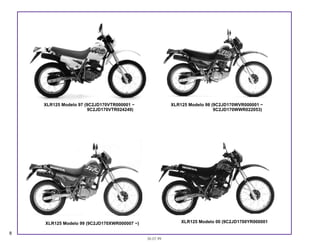 8
30.07.99
XLR125 Modelo 00 (9C2JD1700YR000001XLR125 Modelo 99 (9C2JD170XWR000007 ~)
XLR125 Modelo 97 (9C2JD170VTR000001 ~
9C2JD170VTR024249)
XLR125 Modelo 98 (9C2JD170WVR000001 ~
9C2JD170WWR022053)
 