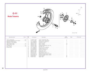 Ref. Qtd.
Item de serviço T.M.O. Nº da peça Descrição Nota Nº de série
Nº XLR125
* 1 41200-KFC-900 Coroa, Transmissão, 50D ................................................................. 1 ................... .................... .....................
2 41241-222-000 Bucha, Coroa, Transmissão ............................................................... 5 ................... ................... .....................
3 42311-KBB-900 Espaçador Lat. Roda Tras.................................................................. 1 ................... ................... .....................
4 42601-KW8-901 Cubo Tras. Comp. .............................................................................. 1 ................... ................... .....................
5 42603-KY7-003 Raio A, Traseiro .................................................................................. 18 ................... ................... .....................
6 42604-KY7-003 Raio B, Traseiro .................................................................................. 18 ................... ................... .....................
7 42620-KY7-000 Espaçador Rolamento, Eixo Tras. ...................................................... 1 ................... ................... .....................
8 42701-KFC-900 Aro Roda Tras..................................................................................... 1 ................... ................... .....................
9 42711-KW8-901 Pneu Tras. (4.10-18 MT40)................................................................. 1 ................... ................... .....................
10 42712-KW8-901 Câmara de Ar (4.10-18)...................................................................... 1 ................... ................... .....................
11 42713-KW8-901 Protetor, Câmara de Ar....................................................................... 1 ................... ................... .....................
12 90305-KFC-930 Porca, Eixo, 16 mm............................................................................. 1 ................... ................... .....................
13 90559-KY7-000 Arruela, Eixo Tras. .............................................................................. 1 ................... ................... .....................
14 90664-KA2-000 Anel Elástico, 63 mm.......................................................................... 1 ................... ................... .....................
15 91253-443-761 Retentor de Pó, 30 x 47 x 8 ................................................................ 1 ................... ................... .....................
16 96140-62030-10 Rolamento Radial Esferas, 6203U...................................................... 1 ................... ................... .....................
17 96140-63030-10 Rolamento Radial Esferas, 6303U...................................................... 1 ................... ................... .....................
18 9700W-06500 Arruela, Nipple.................................................................................... 36 ................... ................... .....................
19 97000-45200 Nipple, Raio........................................................................................ 36 ................... ................... .....................
C-11
Roda Traseira
38
30.07.99
Coroa, Transmissão...............................................0,4
Espaçador Rolamento, Eixo Traseiro ....................0,5
• Rolamento Radial Esferas
(Adicione 0,1 por Unidade)
Cubo Traseiro Comp. ............................................2,5
Roda Traseira Comp. ............................................1,1
Aro Roda Tras........................................................2,4
Pneu Traseiro.........................................................1,0
• Câmara de Ar
KFC3-F1100
 