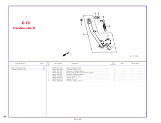 Ref. Qtd.
Item de serviço T.M.O. Nº da peça Descrição Nota Nº de série
Nº XLR125
1 50535-ML6-670 Mola, Cavalete Lateral........................................................................ 1 ................... ................... .....................
2 50540-KFC-900 Cavalete Lateral, Conj. ....................................................................... 1 ................... ................... .....................
3 50548-356-700 Borracha, Cavalete Lateral................................................................. 1 ................... ................... .....................
4 50549-356-700 Bucha, Fixação Borracha Cavalete Lateral........................................ 1 ................... ................... .....................
5 90108-KV6-000 Parafuso, Cavalete Lateral ................................................................. 1 ................... ................... .....................
6 90304-GE8-003 Porca, Flange, 10 mm ........................................................................ 1 ................... ................... .....................
7 90501-MF9-710 Arruela, 24 x 13 .................................................................................. 1 ................... ................... .....................
8 90502-MF9-710 Arruela, 24 x 10 .................................................................................. 1 ................... ................... .....................
9 95701-06025-07 Parafuso, Flange, 6 x 25..................................................................... 1 ................... ................... .....................
C-19
Cavalete Lateral
48
30.07.99
Mola, Cavalete Lateral ..........................................0,1
Cavalete Lateral, Conj. .........................................0,2
KFC3-F1900
 