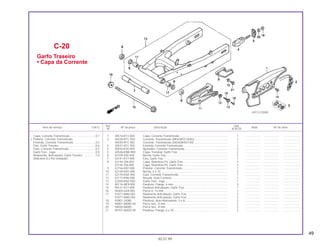 Capa, Corrente Transmissão.................................0,1
• Protetor, Corrente Transmissão
Emenda, Corrente Transmissão ...........................0,2
Eixo, Garfo Traseiro ..............................................0,6
Guia, Corrente Transmissão .................................0,3
Garfo Tras., Jogo ..................................................0,9
Rolamento, Articulação, Garfo Traseiro ...............1,0
(Adicione 0,2 Por Unidade)
49
Ref. Qtd.
Item de serviço T.M.O. Nº da peça Descrição Nota Nº de série
Nº XLR125
1 40510-KY7-000 Capa, Corrente Transmissão.............................................................. 1 ................... ................... .....................
2 40530-KFC-930 Corrente, Transmissão (RK428FD126RJ) .......................................... 1 ................... ................... .....................
40530-KFC-902 Corrente, Transmissão (DID428HGI130) ........................................... 1 ................... ................... .....................
3 40531-KFC-930 Emenda, Corrente Transmissão......................................................... 1 ................... ................... .....................
4 40543-KS5-000 Ajustador, Corrente Transmissão....................................................... 2 ................... ................... .....................
5 40546-KW8-900 Capa, Terminal, Garfo Tras. ............................................................... 2 ................... ................... .....................
6 52109-430-300 Bucha, Garfo Tras. ............................................................................. 2 ................... ................... .....................
7 52141-KY7-000 Eixo, Garfo Tras.................................................................................. 1 ................... ................... .....................
8 52144-356-003 Capa, Retentora Pó, Garfo Tras. ........................................................ 2 ................... ................... .....................
52144-356-005 Capa, Retentora Pó, Garfo Tras. ........................................................ 2 ................... ................... .....................
9 52156-KB7-000 Protetor, Corrente Transmissão.......................................................... 1 ................... ................... .....................
10 52159-KB7-000 Bucha, 6 x 10...................................................................................... 2 ................... ................... .....................
11 52170-KBZ-900 Guia, Corrente Transmissão............................................................... 1 ................... ................... .....................
12 52171-KR6-000 Arruela, Guia Corrente........................................................................ 2 ................... ................... .....................
13 52200-KBZ-930 Garfo Tras., Jogo................................................................................ 1 ................... ................... .....................
14 90116-ME9-000 Parafuso, Flange, 6 mm...................................................................... 3 ................... ................... .....................
15 90121-KY7-000 Parafuso Articulação, Garfo Tras. ...................................................... 1 ................... ................... .....................
16 90305-GE8-003 Porca U, 14 mm.................................................................................. 1 ................... ................... .....................
17 91071-MA0-003 Rolamento Articulação, Garfo Tras. ................................................... 2 ................... ................... .....................
91071-MA0-004 Rolamento Articulação, Garfo Tras. ................................................... 2 ................... ................... .....................
18 93901-25080 Parafuso, Auto-Atarraxante, 5 x 8....................................................... 2 ................... ................... .....................
19 94001-08000-0S Porca Sex., 8 mm ............................................................................... 2 ................... ................... .....................
20 94030-08000 Porca Sex., 8 mm ............................................................................... 2 ................... ................... .....................
21 95701-06020-00 Parafuso, Flange, 6 x 20..................................................................... 2 ................... ................... .....................
C-20
Garfo Traseiro
• Capa da Corrente
30.07.99
KFC3-F2000
 